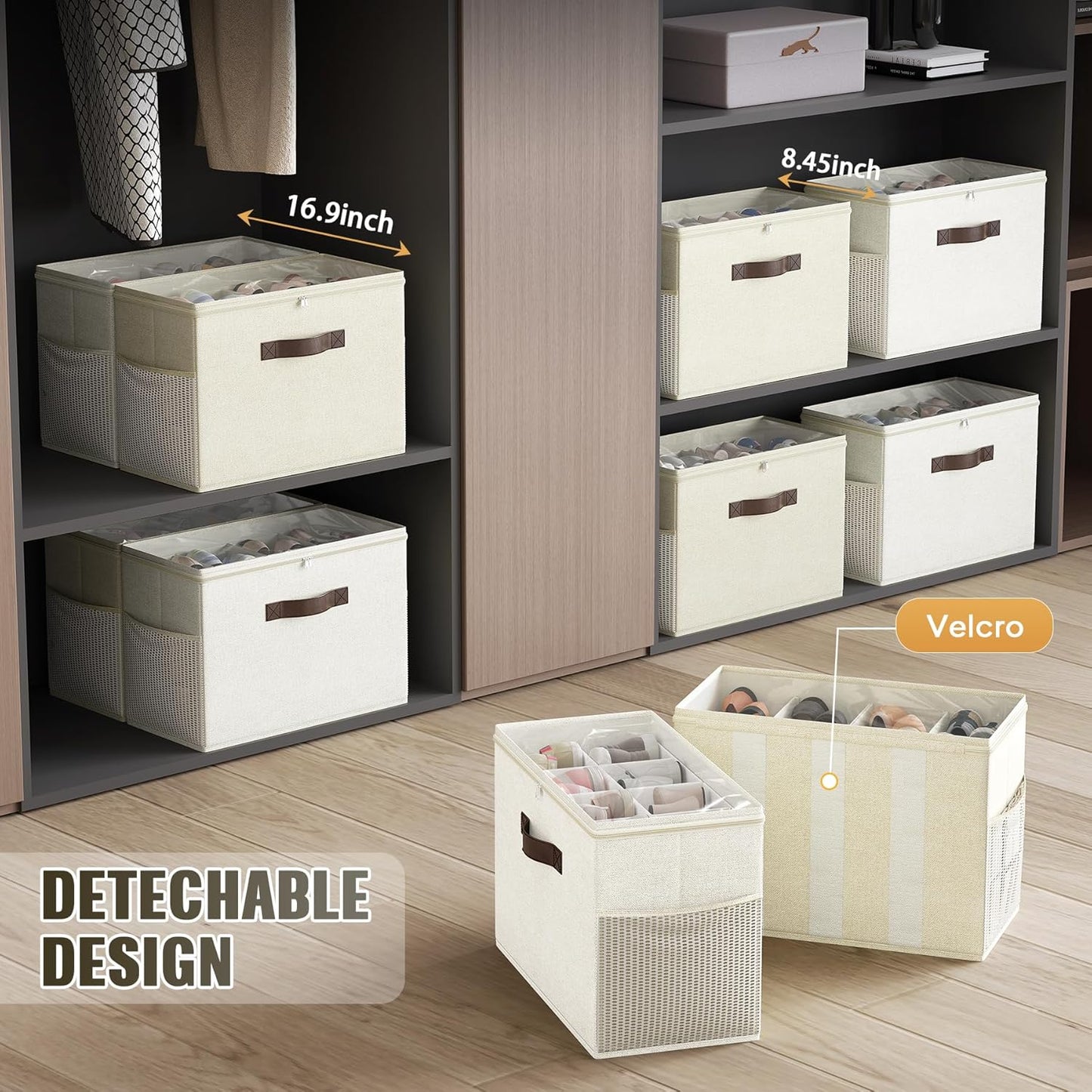 Budding Joy 2 Pack Shoe Organizer for Closet, Clear Foldable Shoe Storage Containers Adjustable Dividers Fits 16 Pairs,Shoe Storage Bins Baskets Boxes with Reinforced Handles Beige Yellow Beige