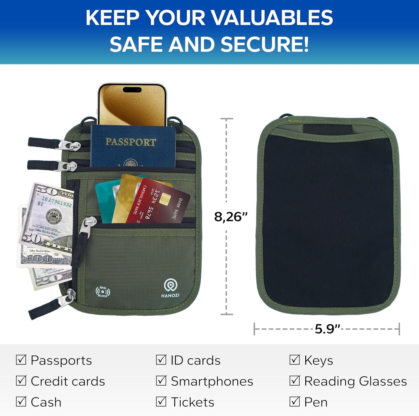 Neck Wallet – Travel Pouch and RFID Blocking Passport Holder for Women and Men, Slim Travel Wallet (Army Green)