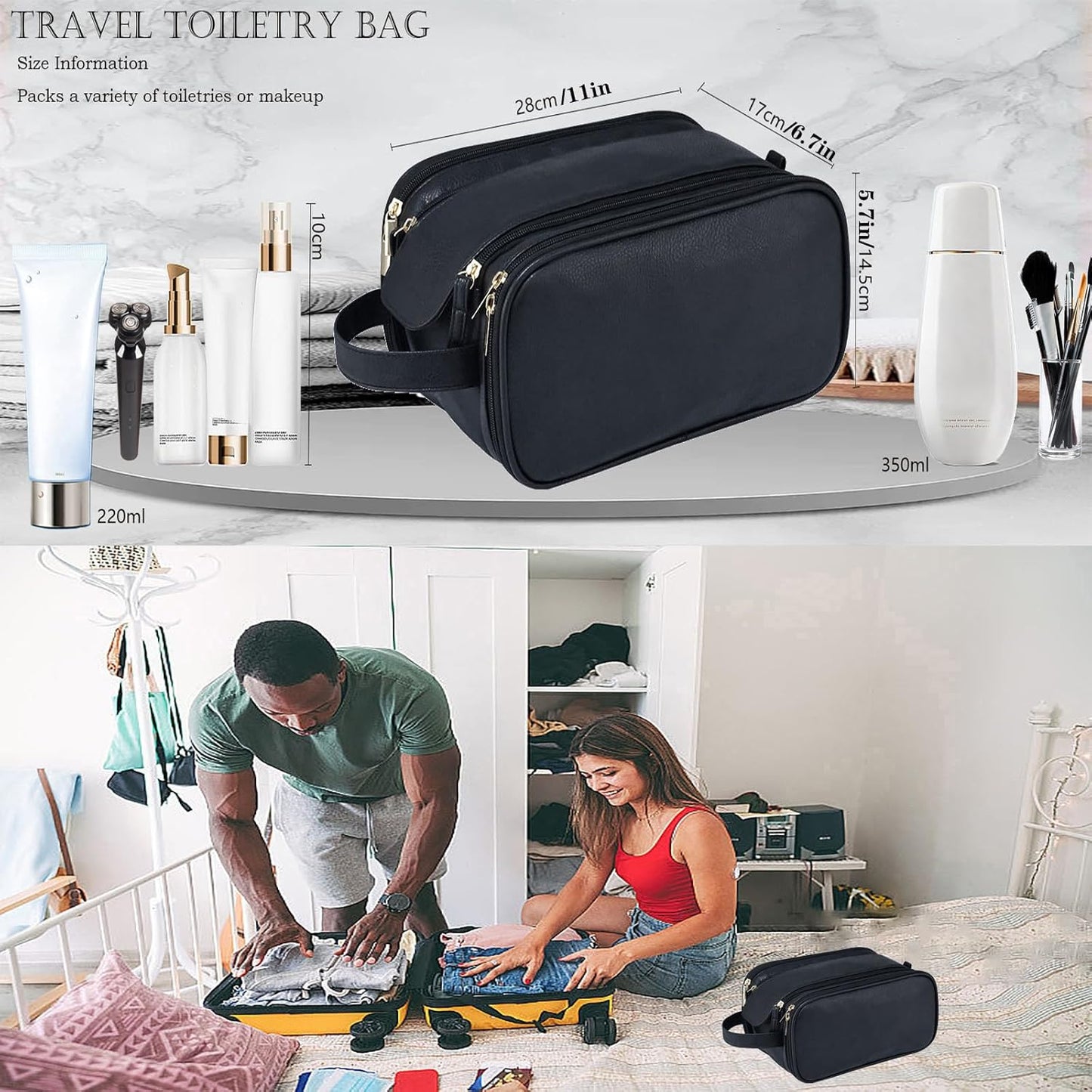 Travel Toiletry bag for men PU Triple-layer Double Zipper Toiletry Bags,Waterproof with Handle Mens Toiletry Bag Stowable Brushes, Toiletries Makeup for Business Trips Camping Bathroom Black