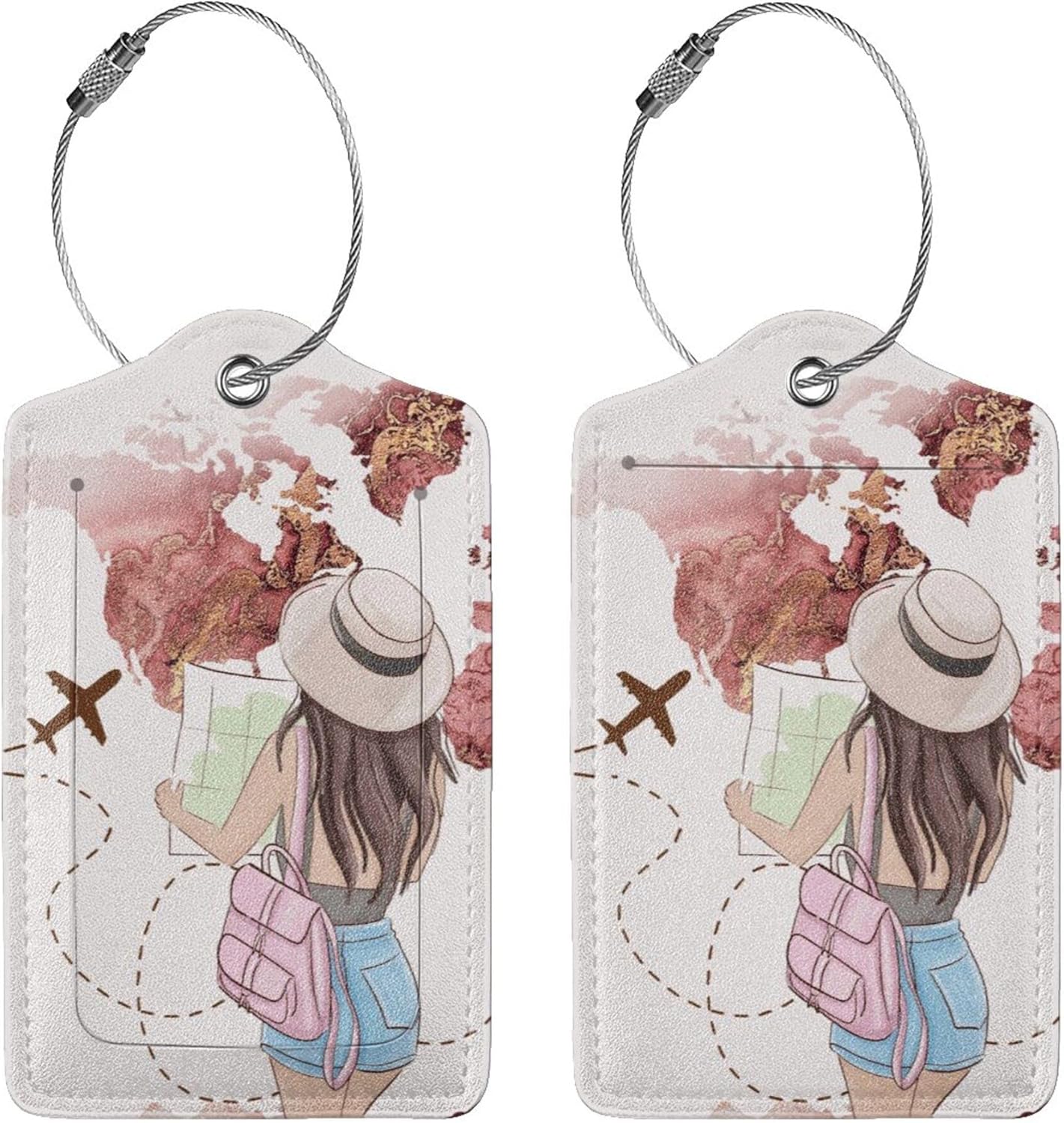 2 Pack Luggage Tags for Suitcase,Travel Girl PU Leather Travel Luggage Tag with Privacy Flap, Name ID Label and Metal Loop for Women Men Suitcase Baggage Bag Backpack