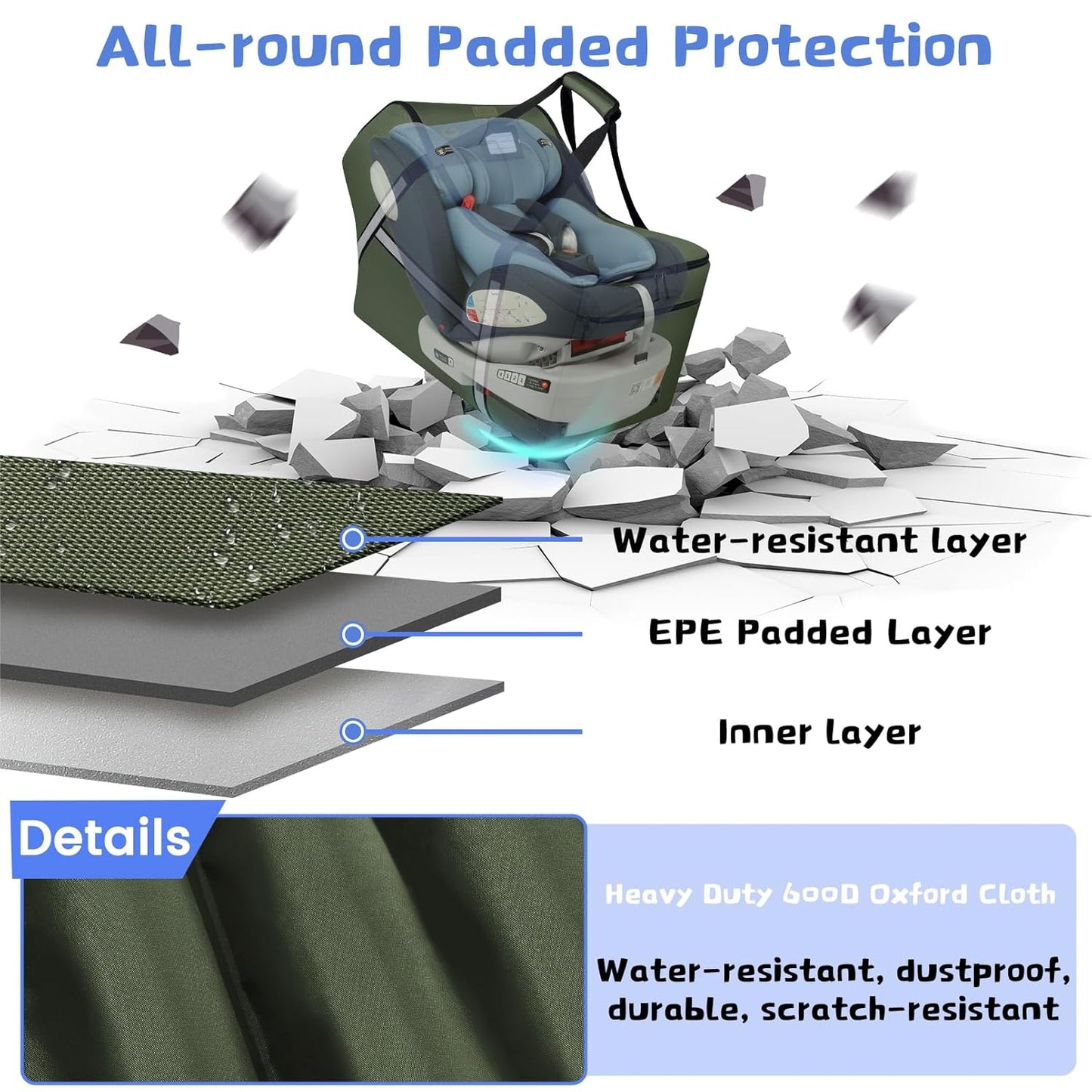 Infant Car Seat Travel Bag for Airplane Compatible with All Nuna Pipa Car Seat and Base,Chicco KeyFit 30 and Base, Padded Car Seat Bags for Air Travel,Car Seat Gate Check Bag with Side Pocket, Green