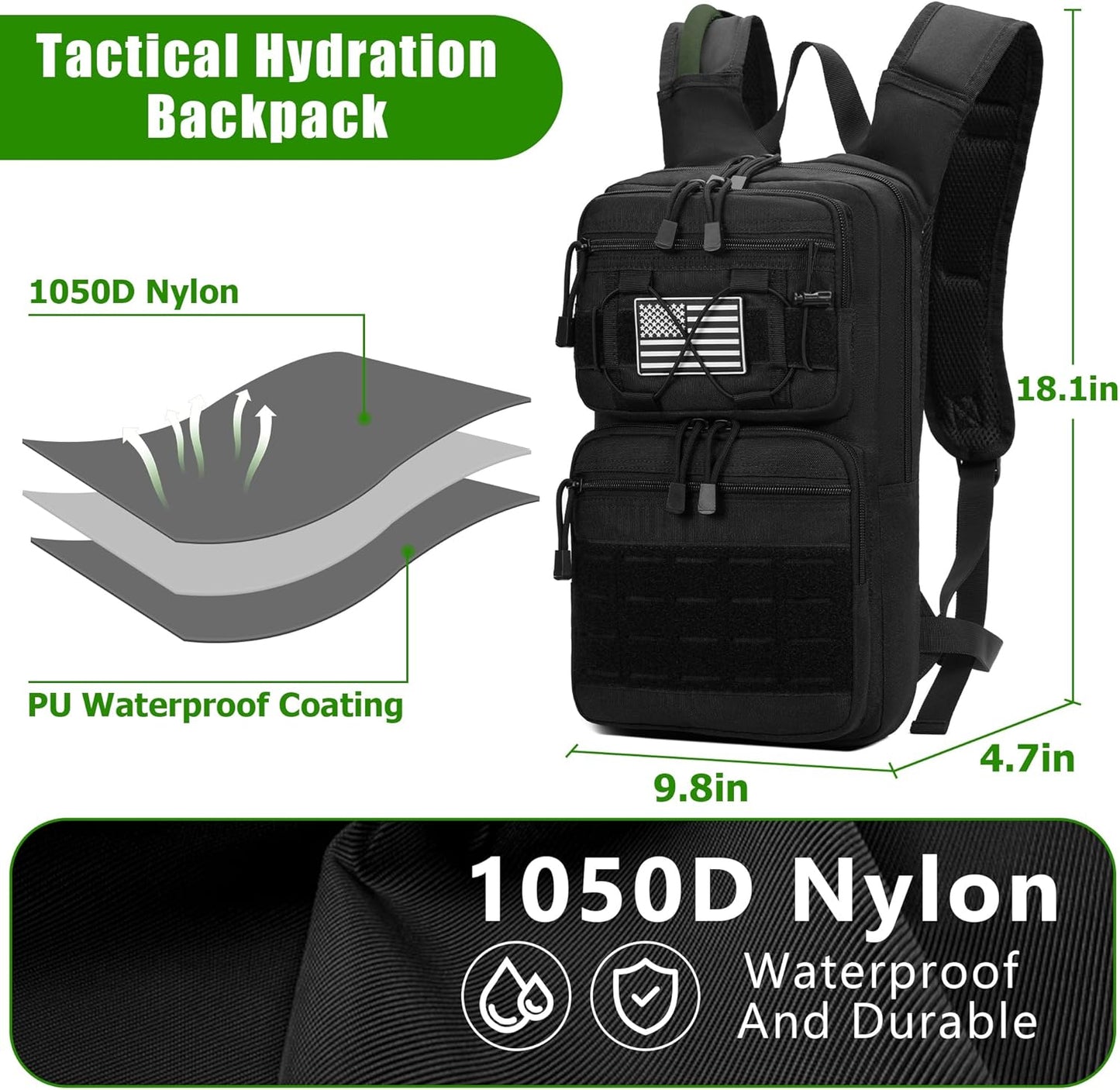 1050D Tactical Hydration Backpack with 3L TPU Water Bladder, Military Molle Water Backpack Perfect for Men & Women, Hydration Pack for Hiking, Biking, Running, Climbing, Hunting, Daily Use