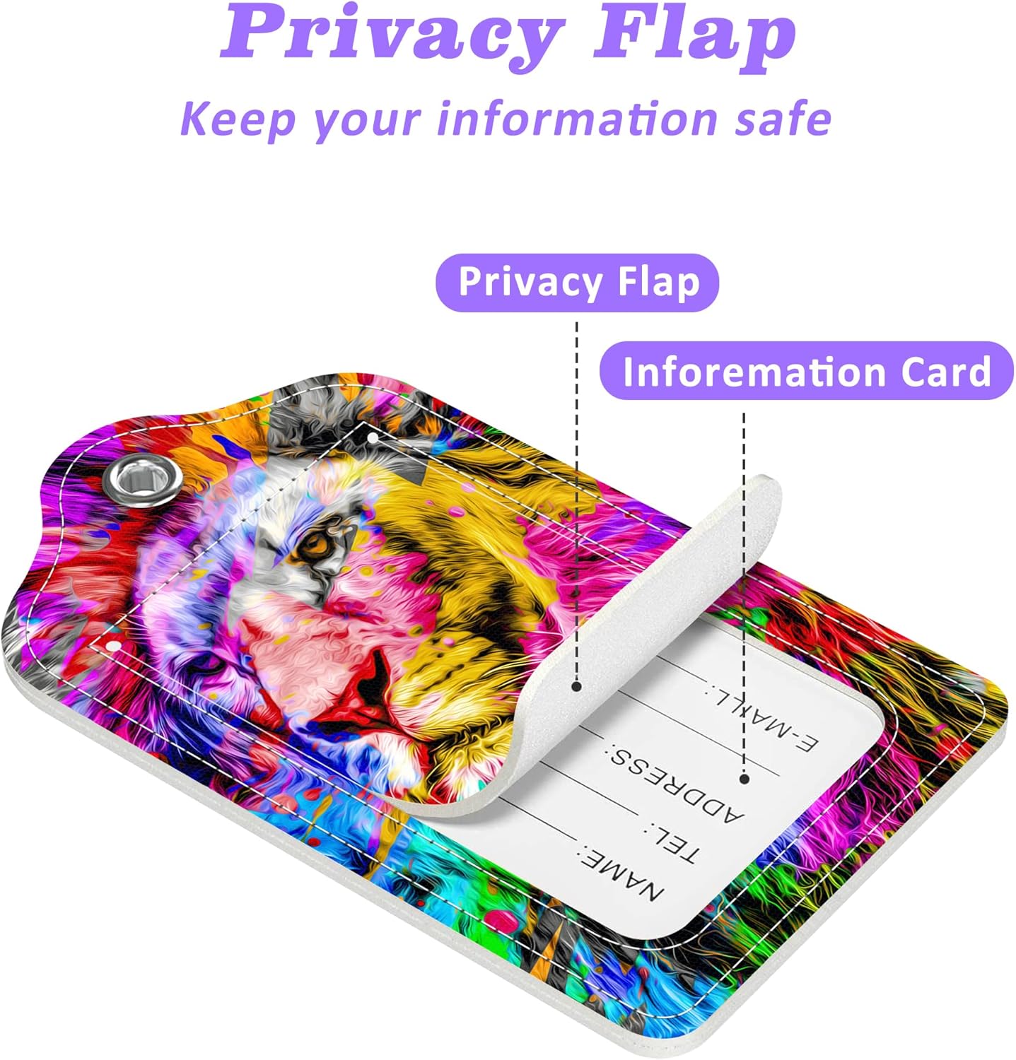 2 Pack Luggage Tags for Suitcase Colorful Abstract Lion Leather Stainless Steel Loop Label Tags for Women Men Travel Bag Suitcase with Privacy Cover Name ID Card