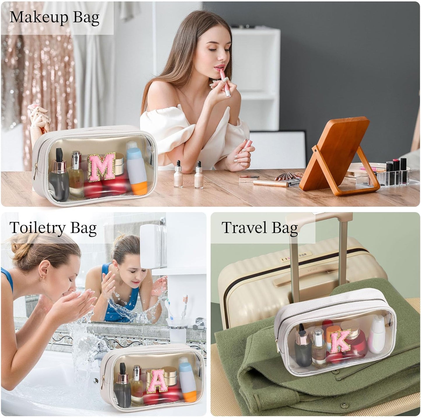 YOOLIFE Initial Make Up Bag Travel Toiletry Bag, Clear Makeup Bag Preppy Cosmetic Bag Clear Makeup Bags With Zipper Girlfriend Teacher 7 Year Old Girl Gifts Daughter Gifts Swim Gifts For Girls White V