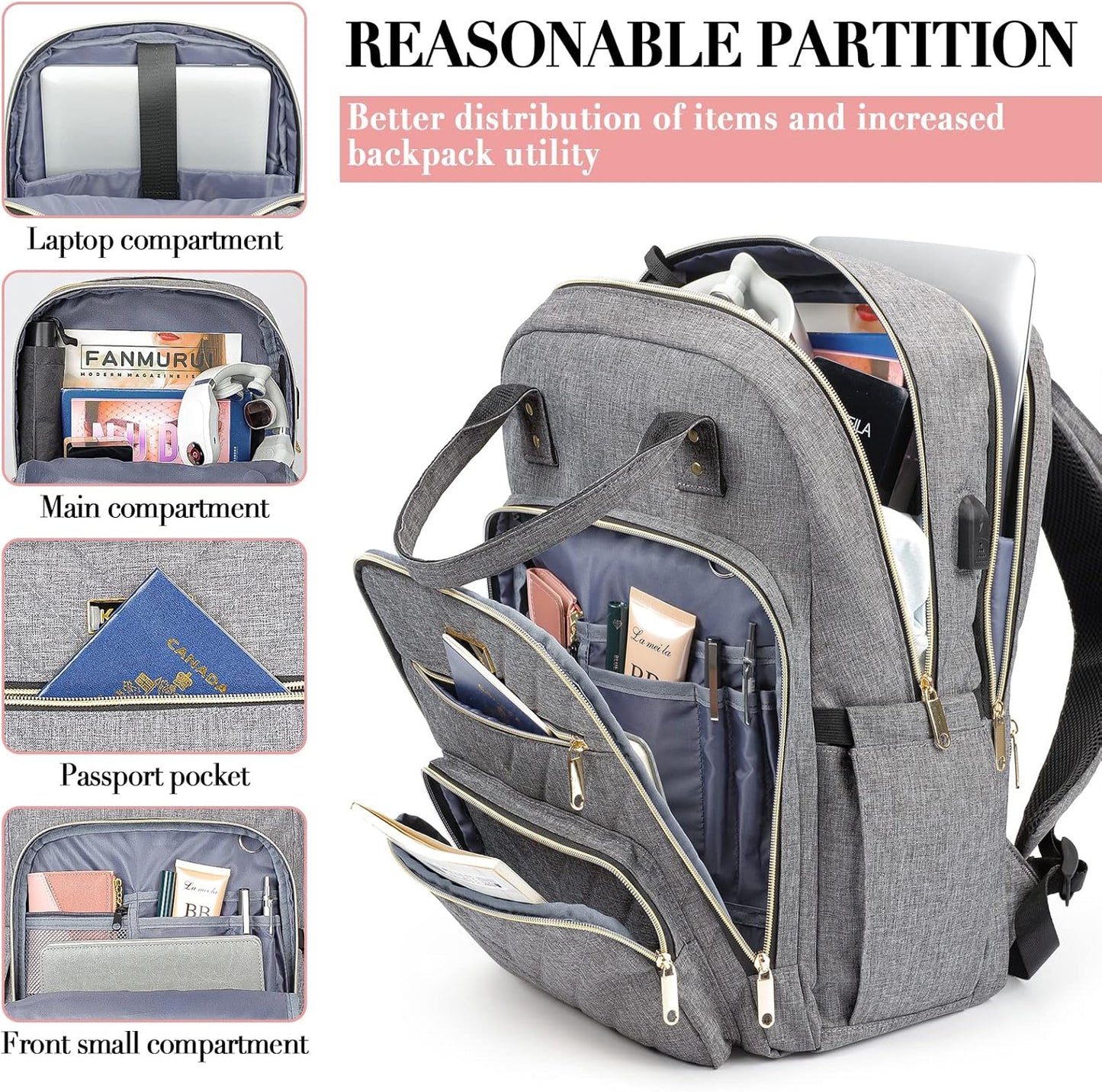 Laptop Backpack for Women Men, School Backpacks for Teens Girls Boys, 17.3 Inch Work Laptop Bag with USB Port Charging, Water Resistant College Bookbags for Girls, Grey