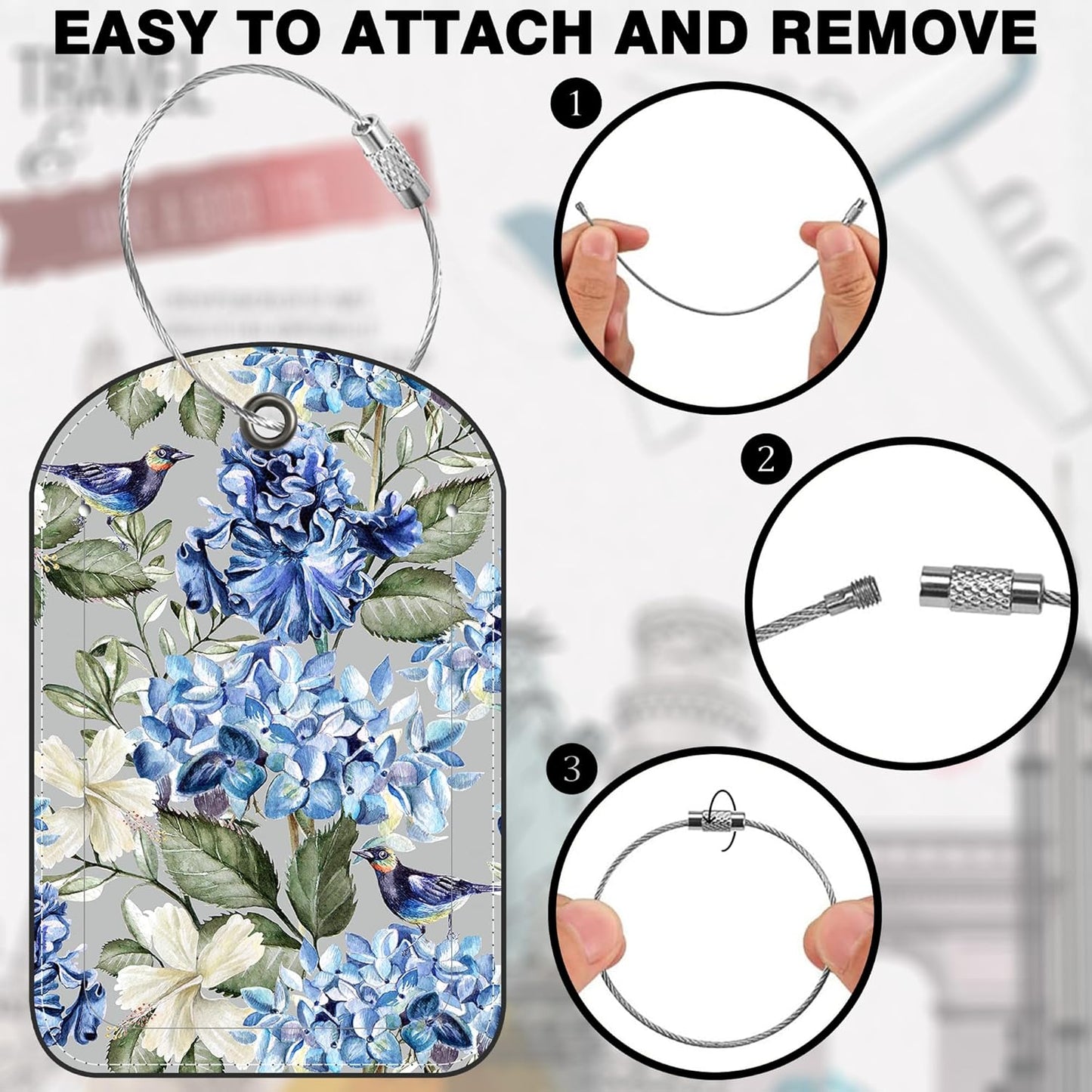 2 PCS Leather Luggage Tags for Suitcase Hibiscus Flowers Bird Travel Luggage Tag with Privacy Flap Name ID Label and Metal Loop for Travel Bag Suitcase