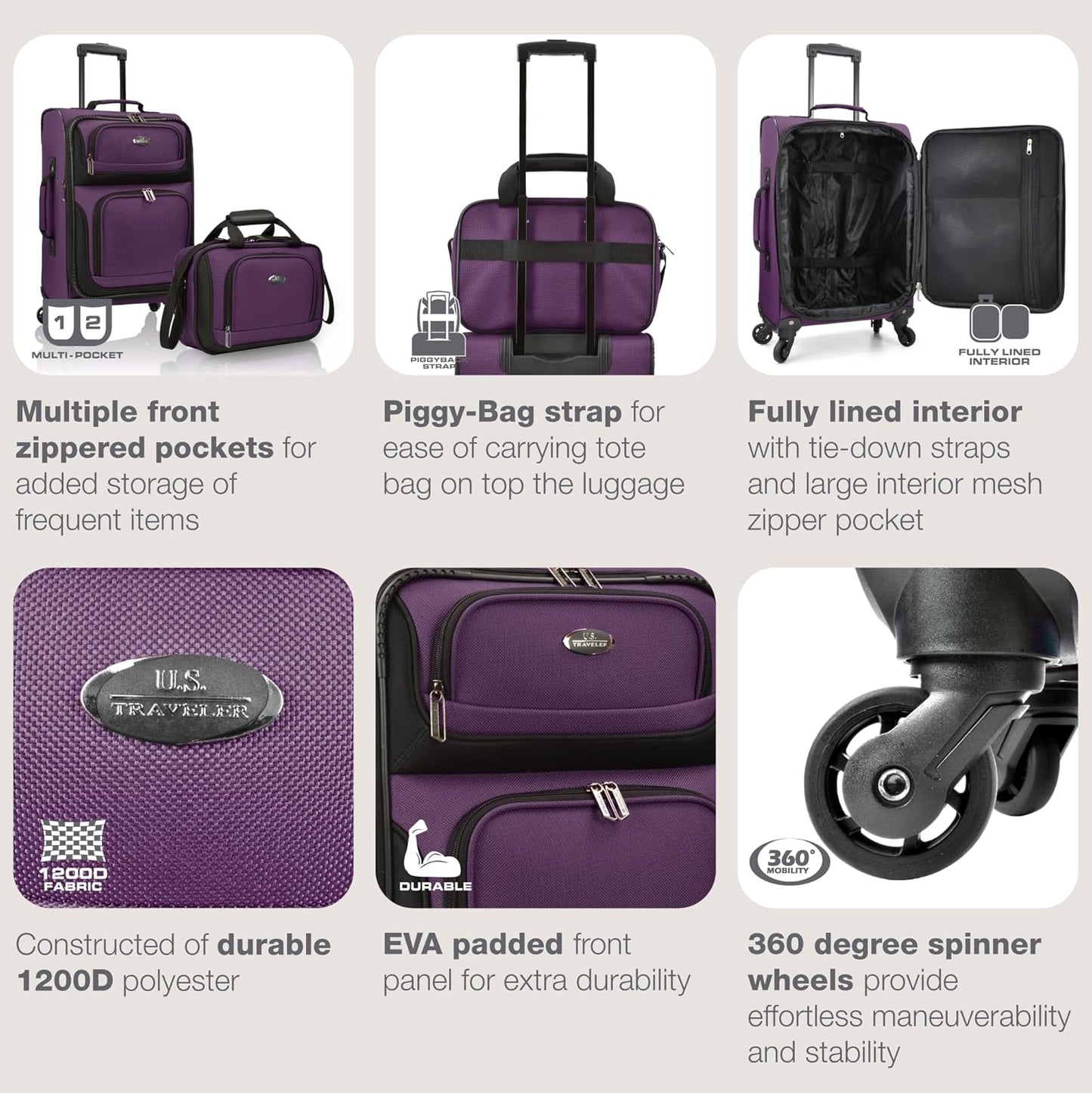 U.S. Traveler Lightweight Rolling 20" Carry On Luggage Softside Suitcase, Purple, 4 Wheel