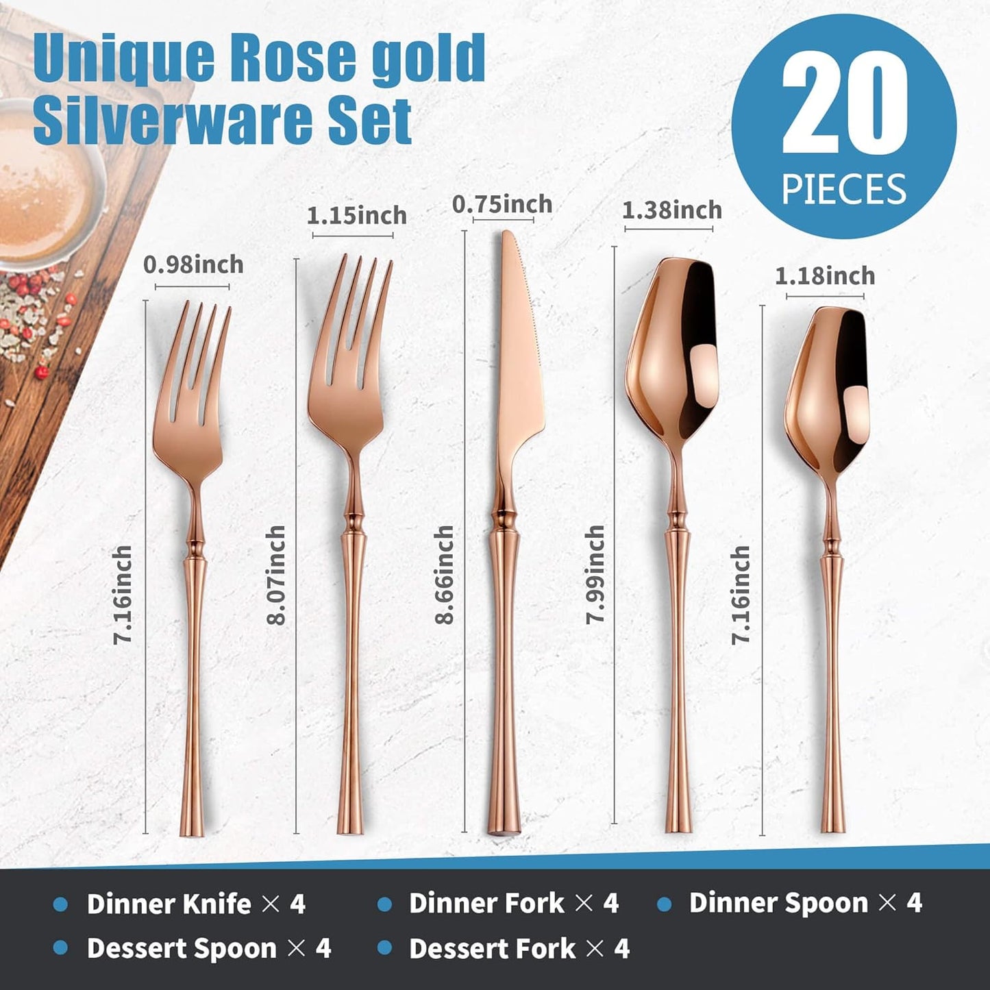 20-Piece Rose Gold Silverware Set for 4,Modern 18/10 Stainless Steel Flatware Set,Unique Rustic Cutlery Utensils Set,Spoon and Fork Set for Home, Restaurant,Mirror Polished,Dishwasher Safe