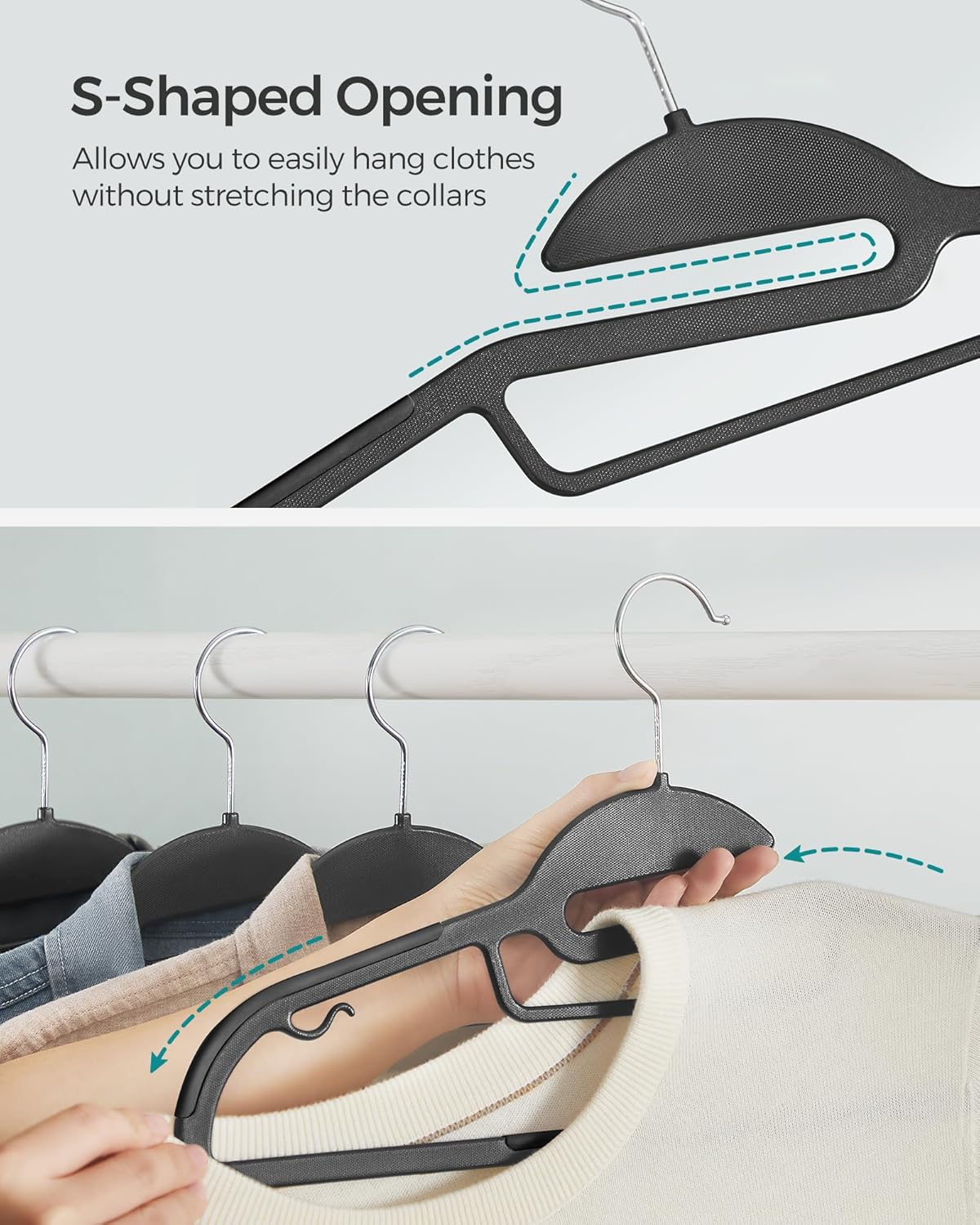 SONGMICS 50 Pack Coat Hangers, Heavy-Duty Plastic Suit Hangers, S-Shaped Opening, Space-Saving, 360º Swivel Hook, 16.3 Inches Wide, Ink Black UCRP41BK-50