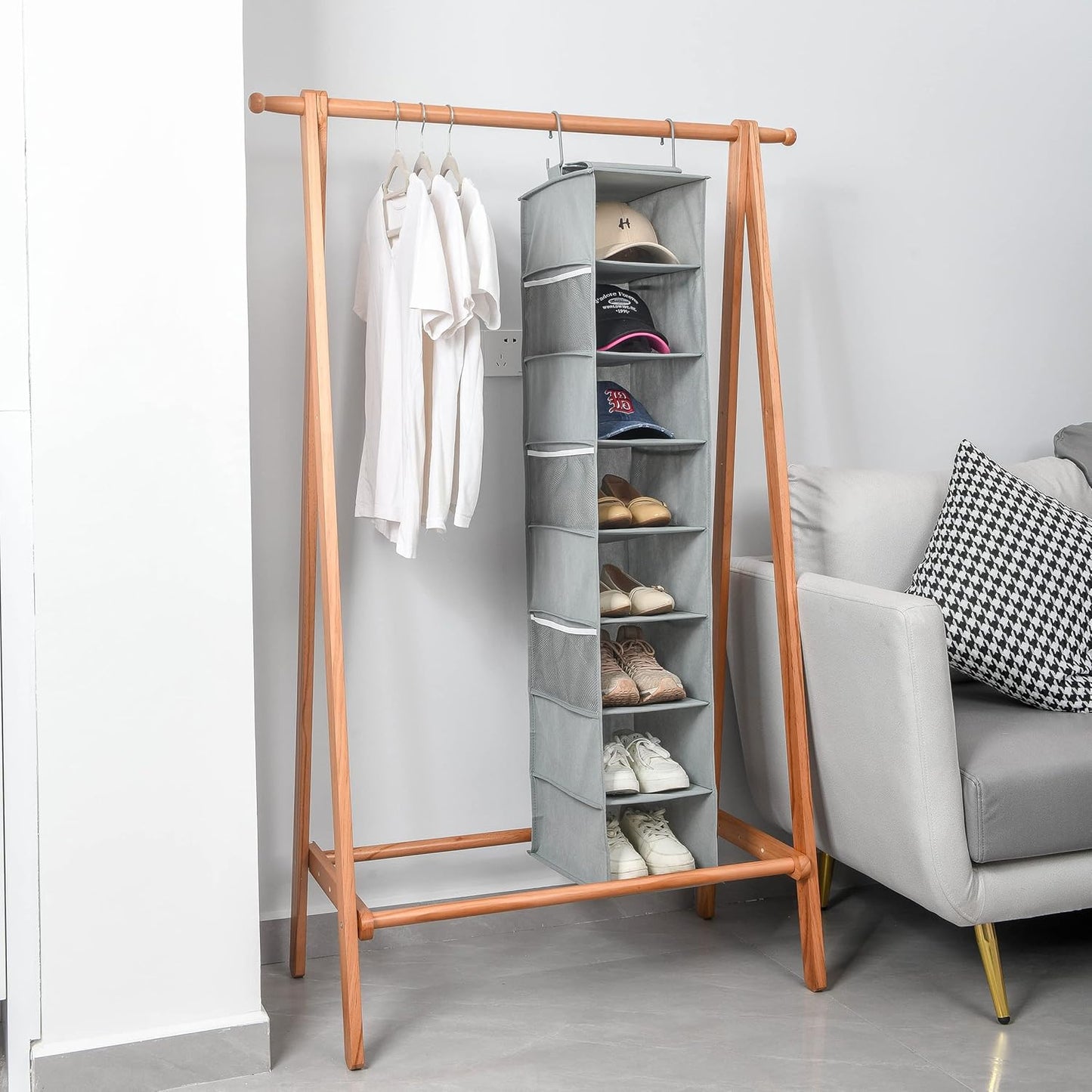 Hanging Shoe Organizer for Closet with Side Mesh Pockets，Hat Racks for Baseball Caps，Shoe and Hat Holder & Storage，8-Shelf，Gray，2 Pack