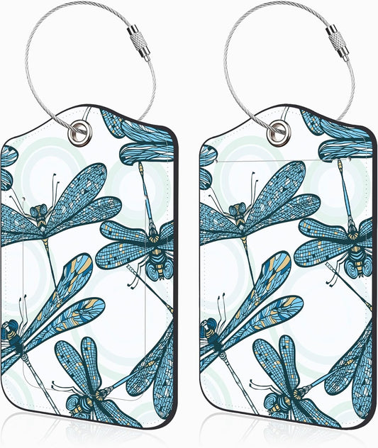 2 Pack Luggage Tags for Suitcases Vintage Blue Dragonflies Leather Luggage Tags Privacy Cover ID Label with Stainless Steel Loop and Address Card for Women Men Travel Bag Backpack