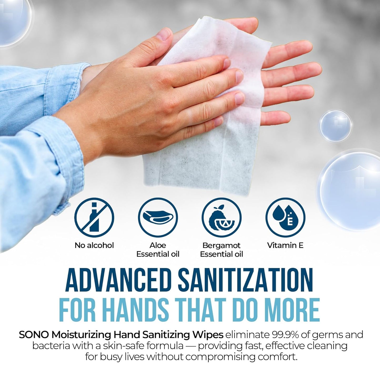 SONO Alcohol-Free Sanitizing Hand Wipes with Bergamot & Aloe Essential Oil - Hospital-Grade Disinfectant - Individually Wrapped Travel Size - 500 Pack - Gentle Cleaning & Germ Protection Anywhere