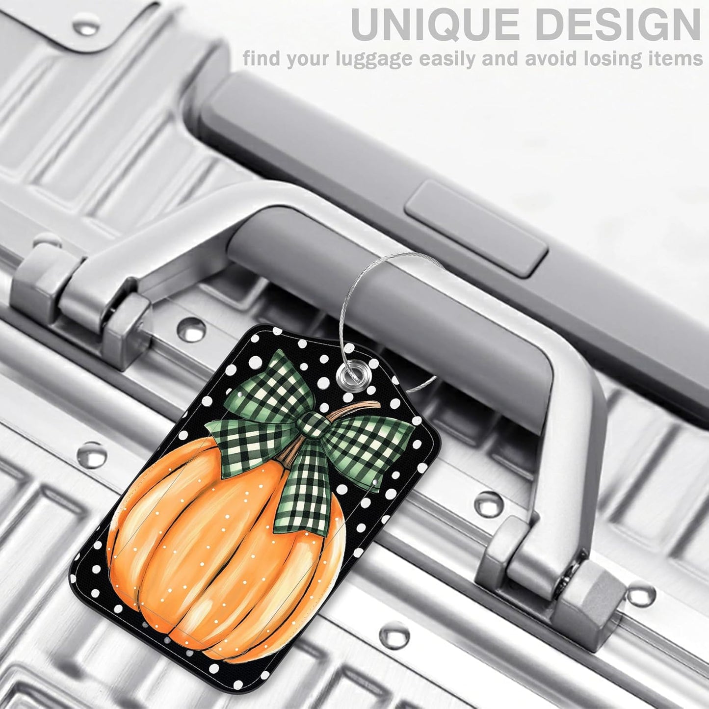 2 Pcs Pumpkin with Checkered Bow Luggage Tags for Suitcases Polka Dots PU Leather Baggage Tags Name ID Label with Privacy Cover and Stainless Steel Loop for Men Women Travel Bag Suitcase