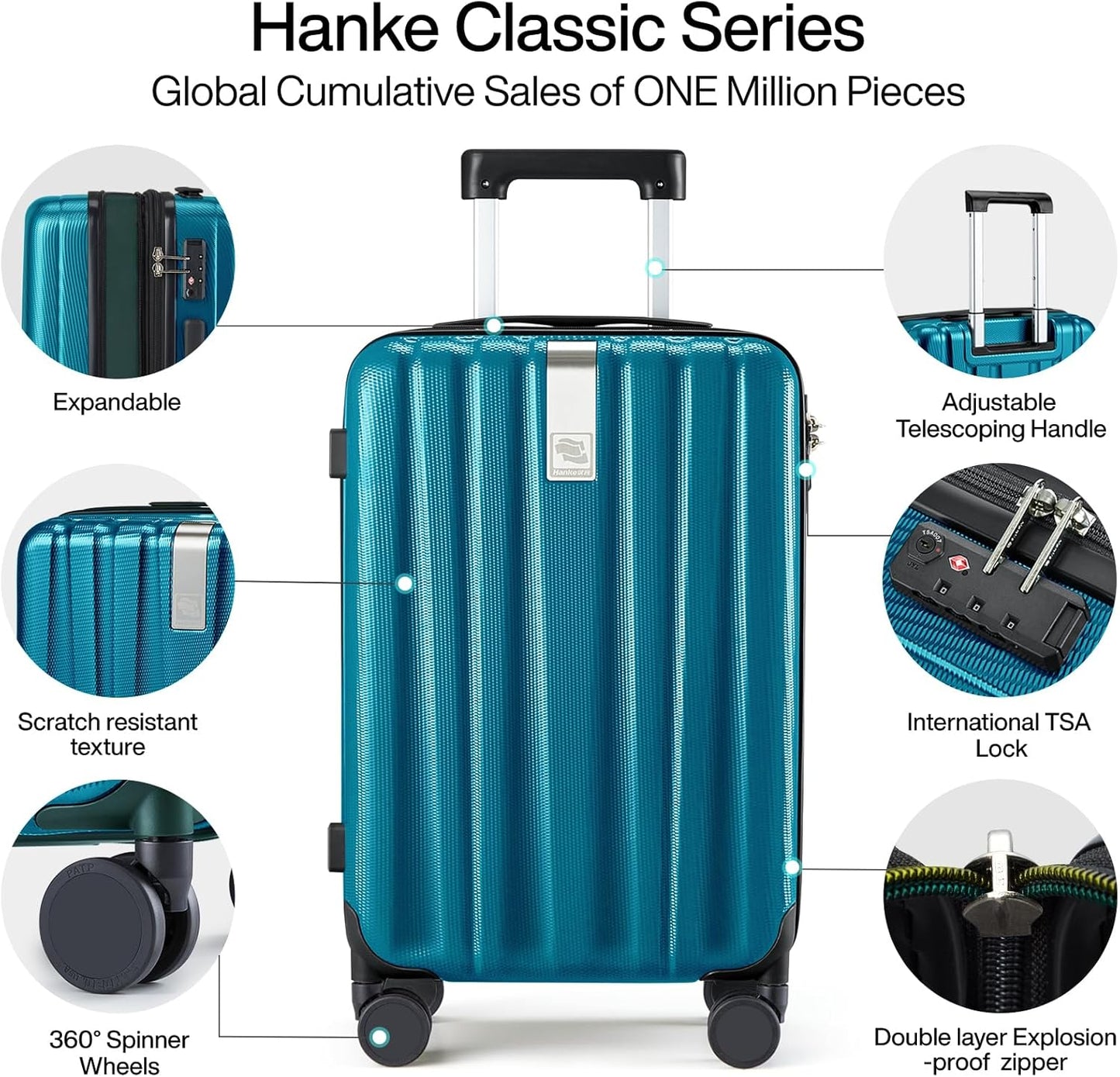 Hanke 20 Inch Expandable Carry on Luggage 22x14x9 Airline Approved Lightweight PC Hard Shell Suitcases with Wheels Tsa Luggage Rolling Suitcase Travel Luggage Bag for Weekender(Caribbean Blue)