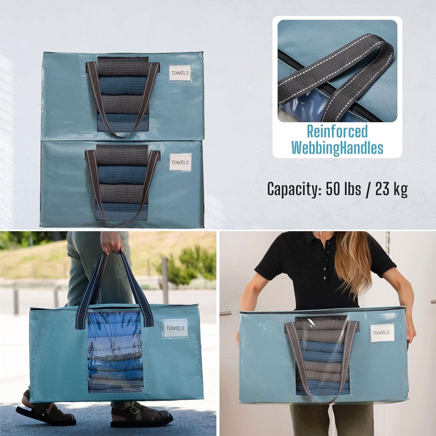 VENO 4 Pack Moving Bags, Comforter and Blanket Storage Bags for Closet, Moving Boxes, Boxes with Lids Alternative, College Dorm Packing Supplies, Foldable Heavy-Duty Tote (Shiny Light Blue, 4 Pack)