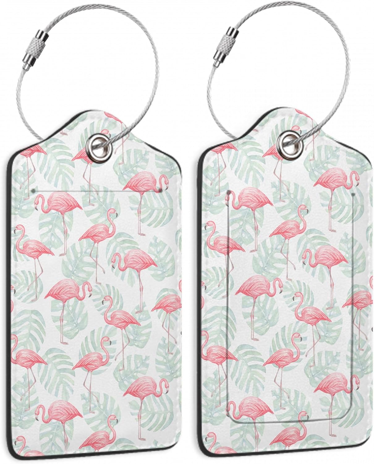2 Pack Luggage Tag for Suitcase,Flamingos Palm Leafs Leather Suitcase Tags Identifiers with Privacy Name Address Labels and Durable Steel Loop for Women Men Travel