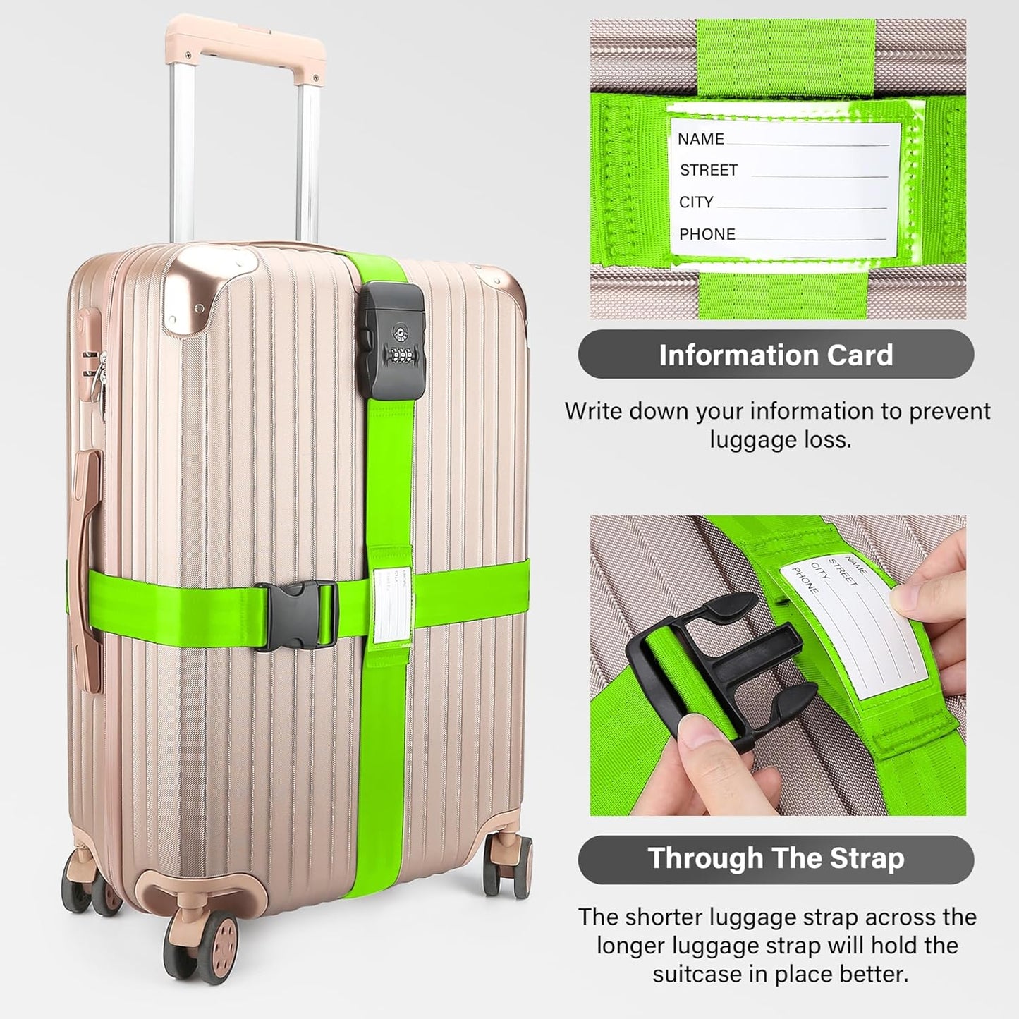 Luggage Straps, Green TSA Approved Luggage Strap Belt with Combination Lock for Suitcases, 2 Pack Adjustable Heavy Duty Cross Suitcase Straps with Name Tags for Travel, Carry On Bags, Protect Luggage