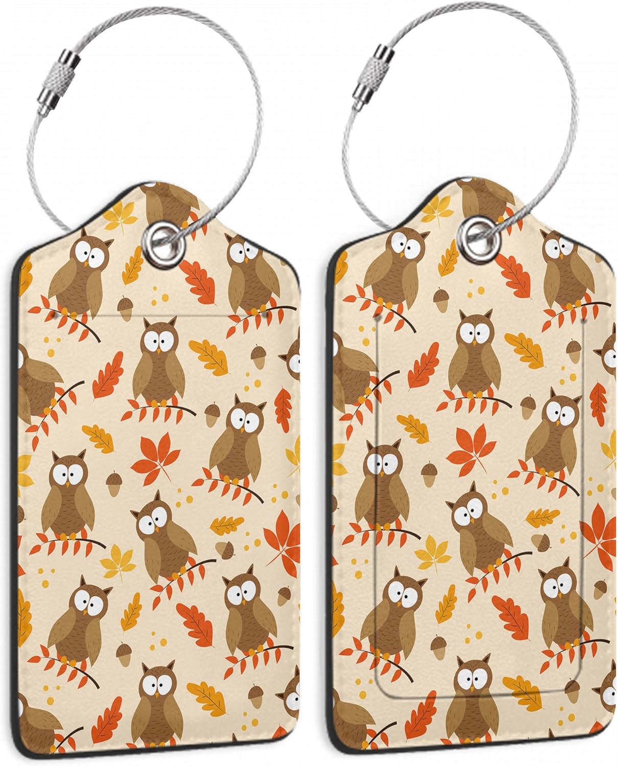 2 Pack Luggage Tags for Suitcase,Autumnal Leaves and Owl Bird Leather Luggage Tag Bag Tags Identifiers Privacy Cover Id Label with Steel Loop for Women Men Girls Boys Travel