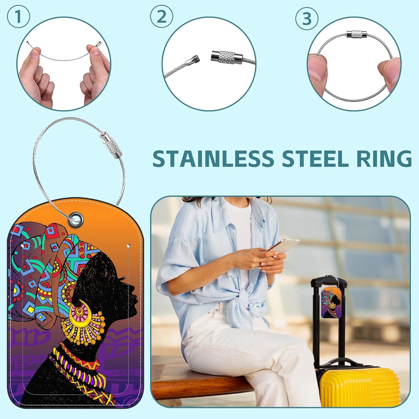 2 Pack Cute Luggage Tag for Suitcases African Girl Leather Luggage Tags with Stainless Steel Loop Privacy Flap Name Tags,Men and Women Travel Bag Suitcase Tags