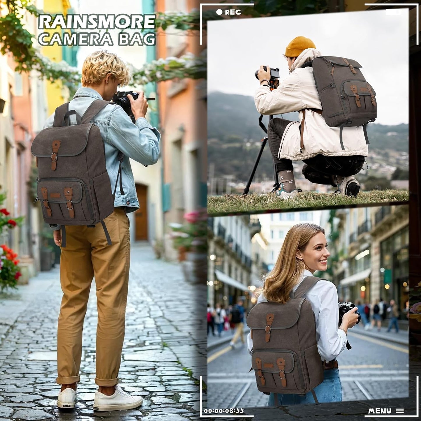 RAINSMORE Camera Bag Backpack for DSLR/SLR Mirrorless 15.6 Inch Laptop Camera Back Pack for Photographers Anti-Theft Photography Bags Case with Tripod Holder & Rain Cover, Dark Grey