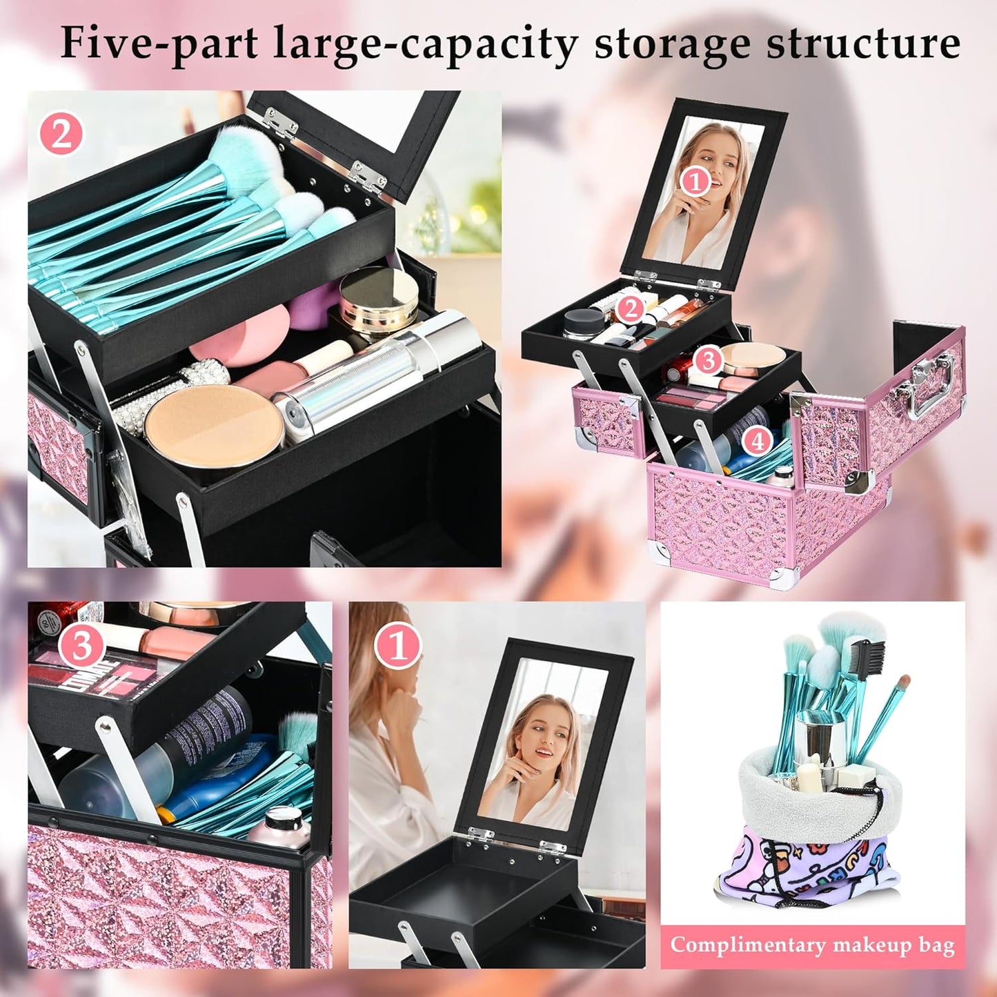 Makeup Case Organizer,Makeup Train Case, Trays Cosmetic Box Portable, Profesional for Salon Barber,Pink