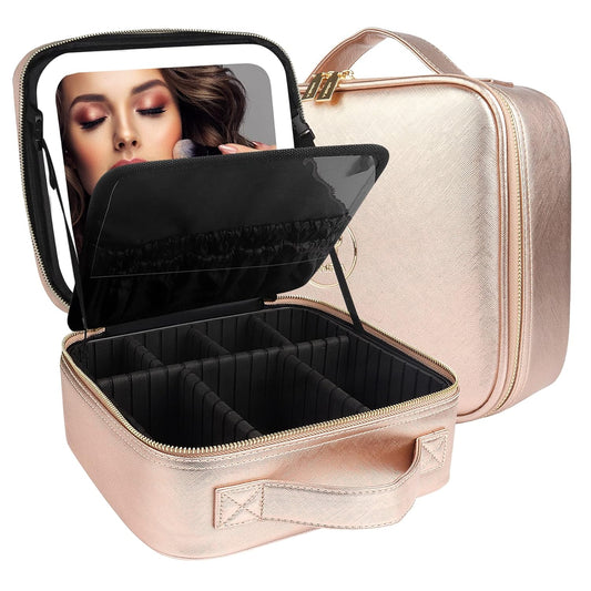 MOMIRA Travel Cosmetic Train Case with Lighted Mirror 3 Color Scenarios Cosmetic Bag Organizer with Adjustable Dividers Makeup Storage for Women, Makeup Accessories & Tools Case Champagne