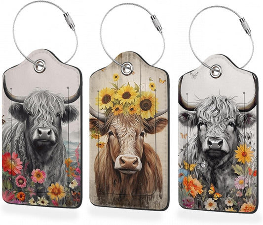 3 Pack Luggage Tag for Suitcase,Highland Cow Leather Luggage Tags with Privacy Cover Name ID Label Identifiers Travel Bag Tags for Women Men Boys Girls
