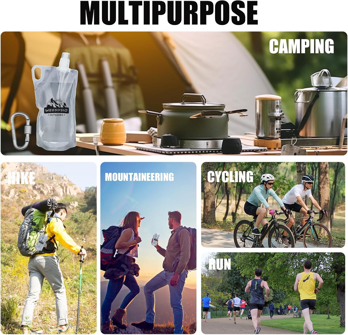 2-Pack 1L Hiking Collapsible Water Bottles with Mountaineering Buckle (Not Suitable for Climbing) BPA-Free Foldable Backpacking Water Bottle for Camping Hiking Running Cycling Mountaineering