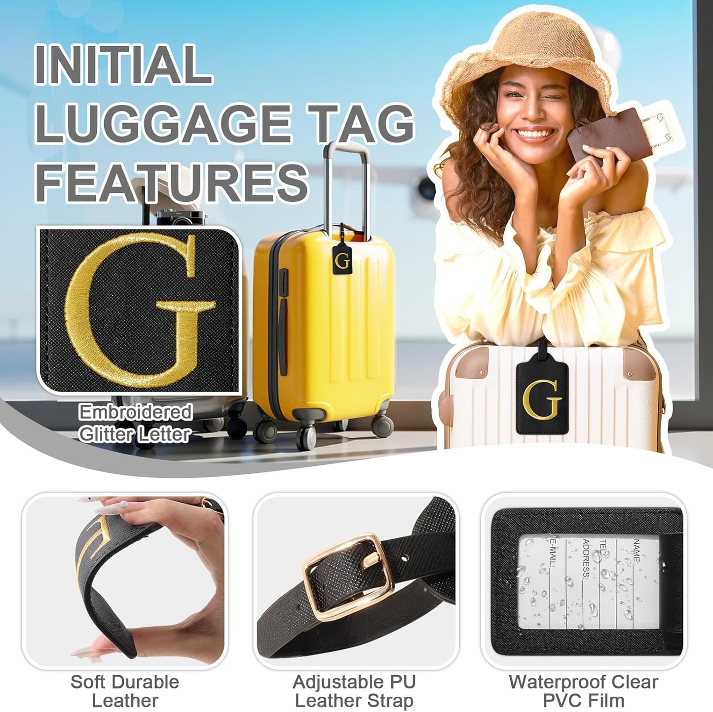 Personalized Initial Luggage Tags for Suitcase TSA Approved, Black Leather Cute Luggage Tag with Privacy Cover Name Card, Embroidered Custom Luggage Tags Travel Backpack Tags Gifts for Women Kids(G)