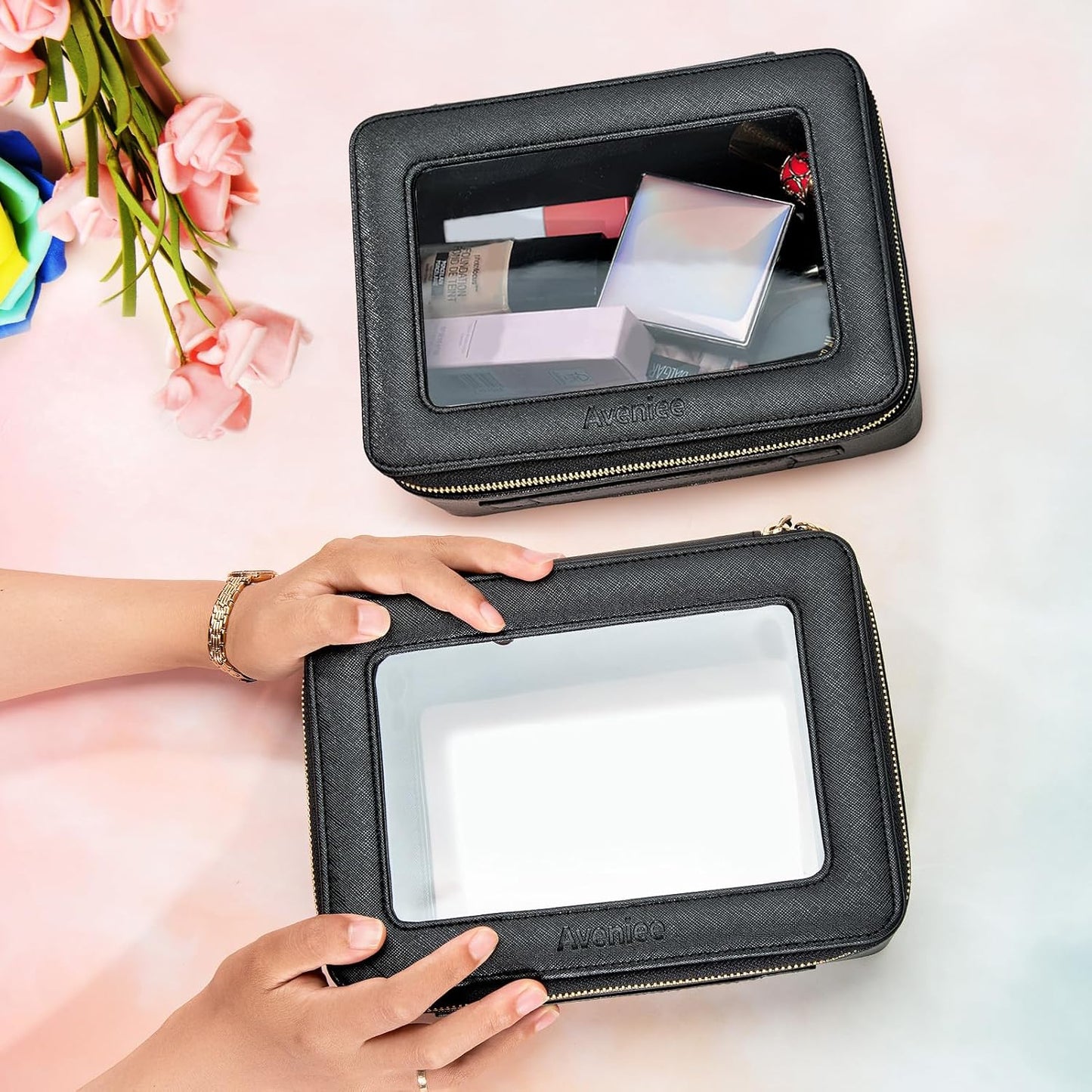 Aveniee Clear Makeup Bag Set,Portable Travel Toiletry Bag Cosmetic Case for Women,Vegan Leather Make Up Pouch Organizer Car Bag for Essentials 2pcs,Middle & Large,Black