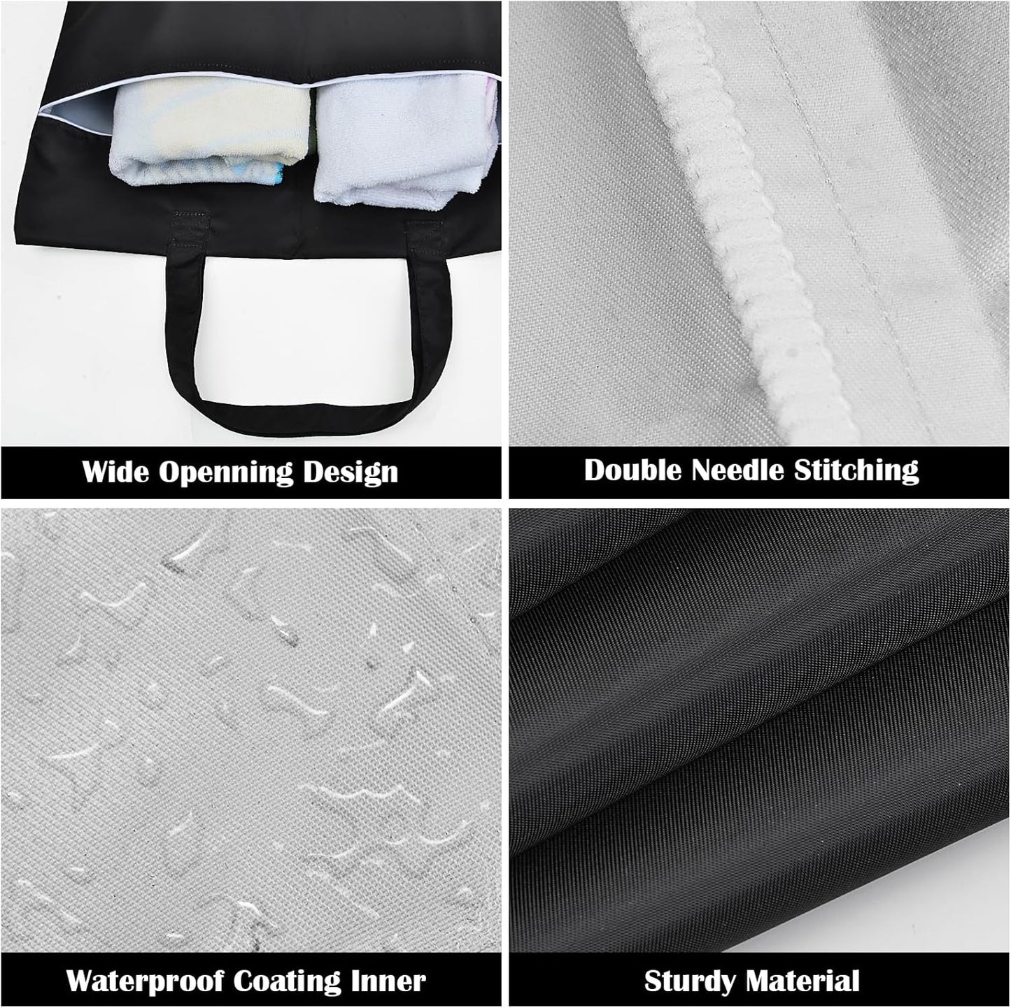 2 Pcs Large Travel Laundry Bags - Washable Waterproof Wet Dry Bags for Dirty Clothes, Swimsuits, Gym Clothes, Laundry, Swimming Pool, Yoga, College Dorm (Black+Grey)