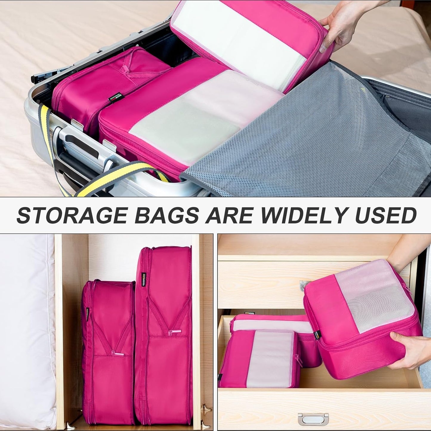 4 Set Compression Packing Cubes for Travel, Suitcases and Backpack Space Saving Organizers (Rose Red)