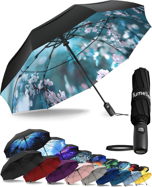 TUMELLA Strongest Windproof Travel Umbrella (Compact, Superior & Beautiful), Small Strong but Light Portable and Automatic Folding Rain Umbrella, Durable Premium Grip, Fits Car & Backpack