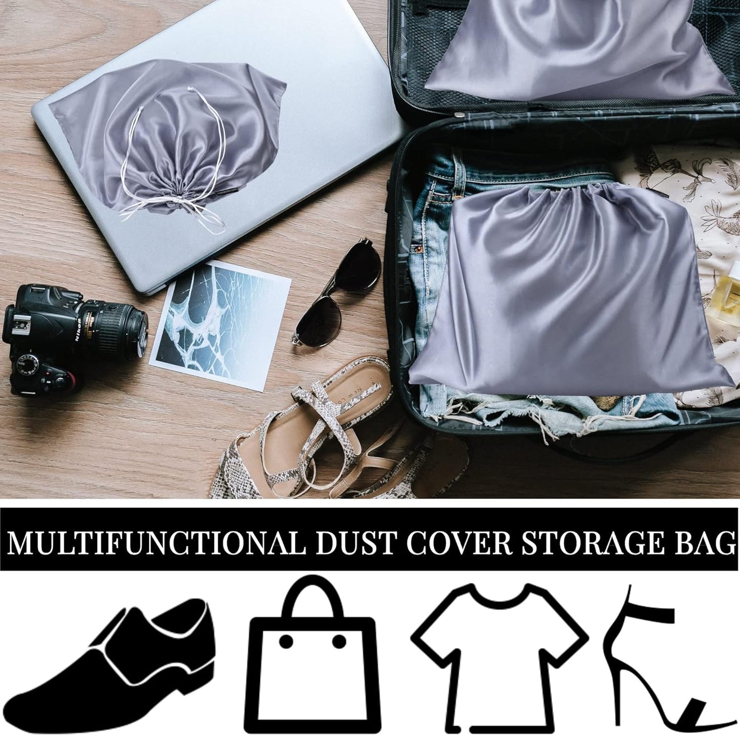 6 Pack Dust Bags for Handbags Silk Dust Cover Bag for Handbags Purses Shoes Boots, Silk Dustproof Drawstring Bag Travel Storage Pouch (Gray, 23.6 × 19.6 in)
