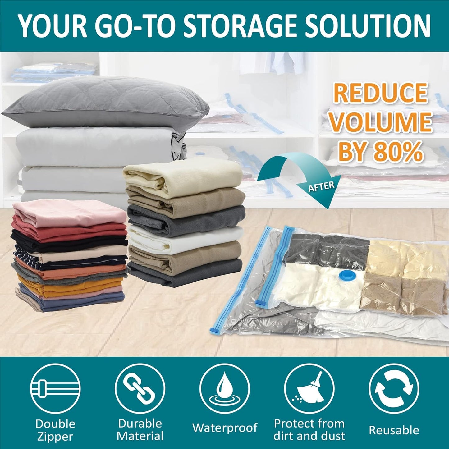 30 Pack Vacuum Storage Bags, Space Saver Vacuum Storage Bags, Vacuum Seal Bags for Clothing, Clothes, Comforters and Blankets, Hand Pump Included