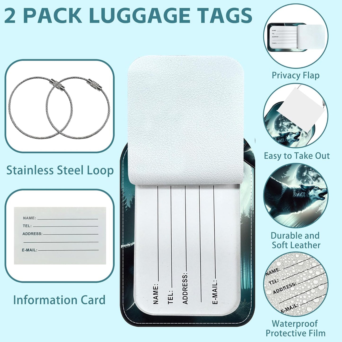 2 Pack Cute Luggage Tag for Suitcases Howling Wolf Leather Luggage Tags with Stainless Steel Loop Privacy Flap Name Tags,Men and Women Travel Bag Suitcase Tags
