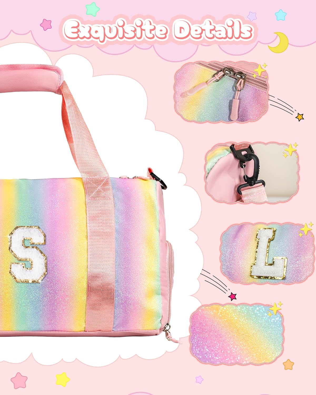 Gifts for 3 4 5 6 7 8 9 Year Old Girls-Girl Gym Bag with Shoe Compartment, Kid Personalized Weekender Overnight Bags, Initial Travel Tote with Makeup Pouch, Easter Gift for Teen (Letter C)