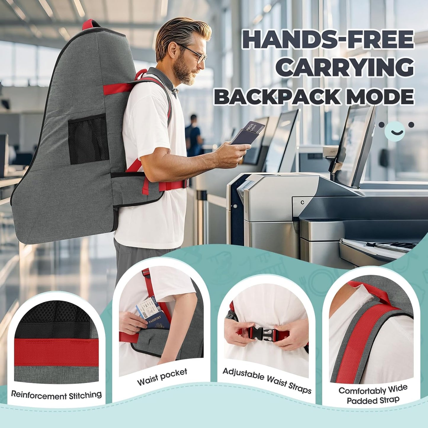 RAINSMORE Padded Car Seat Travel Bag for Airplane Heavy Duty Car Seat Backpack for Air Travel Baby Carseat Cover Bags for Airport Large Car Seats Carrier Fits Car Seats & Booster Seats,Gray