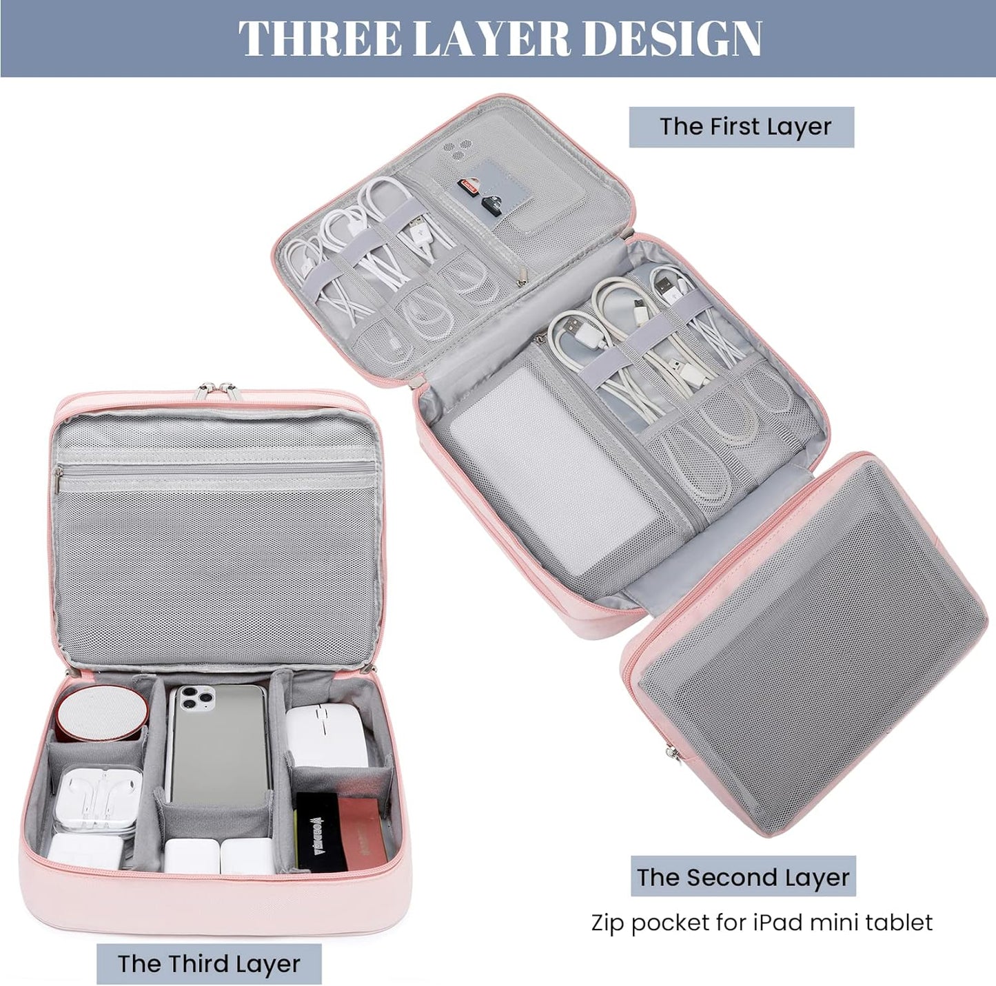 mygreen Travel Electronics Organizer, Waterproof Cable Organizer Bag for Electronic Accessories Triple Layer Large Shockproof Cable Storage Bag for Cord, Hard Disk, Power Bank, Tablet Aqua Sky