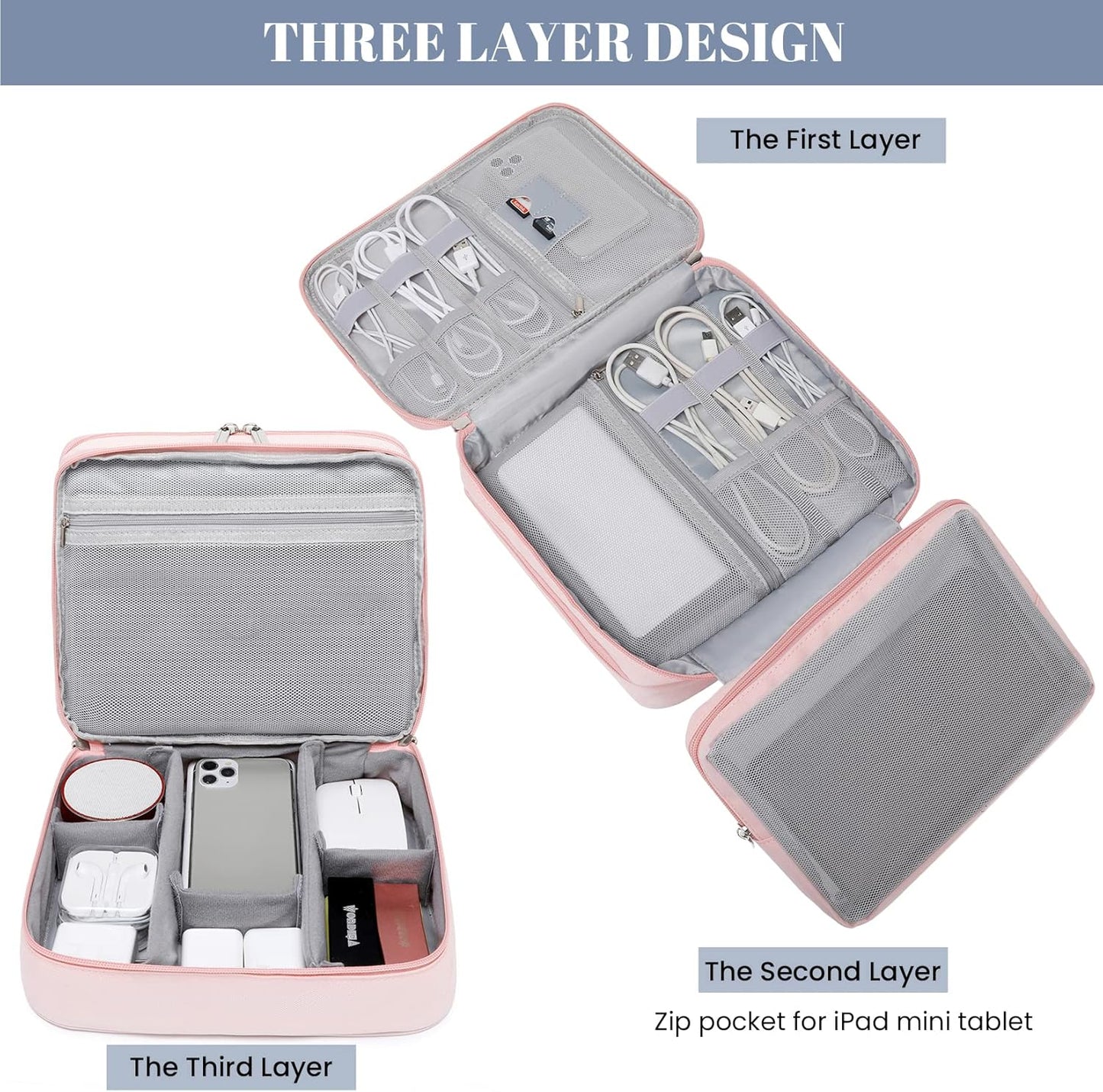 mygreen Electronic Bag Travel Cable Accessories Bag Waterproof Triple Layer Electronics Organizer Portable Storage Case for Cable, Cord, Charger, Phone, Adapter, Power Bank, Kindle, Hard Drives Gray