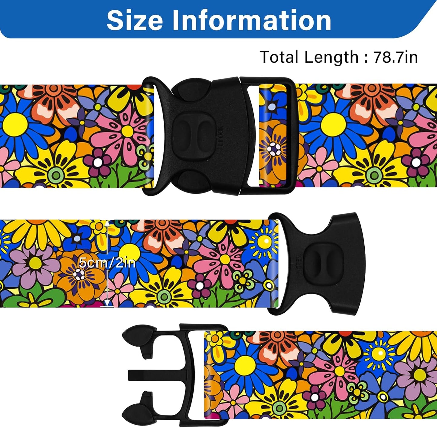 2 Pack Luggage Straps for Suitcases, Adjustable Travel Belt with Double Lock and Quick Release Buckle, Heavy Duty Nylon Bag Packing Strap, Bright Identifiers Business Travel Accessories-Sun Flowers