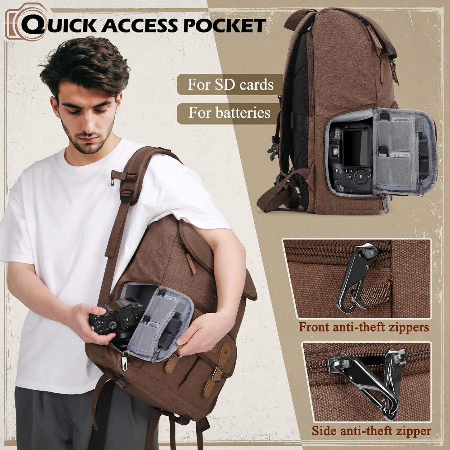 RAINSMORE Camera Bag Backpack for DSLR/SLR Mirrorless 15.6 Inch Laptop Camera Back Pack for Photographers Anti-Theft Photography Bags Case with Tripod Holder & Rain Cover, Coffee