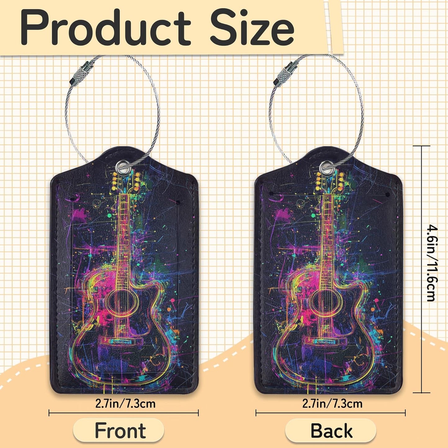 3 Pack Music Luggage Tags for Suitcases, Note Headphones Guitar Cute Leather Name Tag with Privacy Cover with Stainless Steel Loops, Travel ID Bag Tags for Women Men