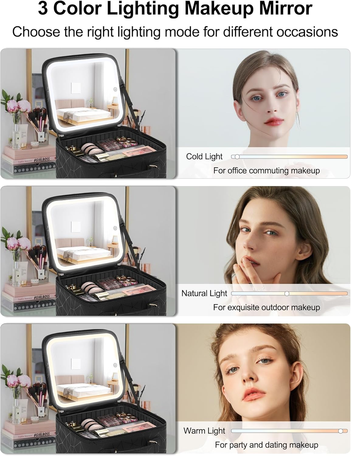 Chomeiu Makeup Bag with LED Mirror, Cute Cosmetic Bags Birthday Gifts for Girls Women, Makeup Train Case Artists Organizer Large Make Up Bags with Light Up Mirror 3 Color Lights, Black Geometric