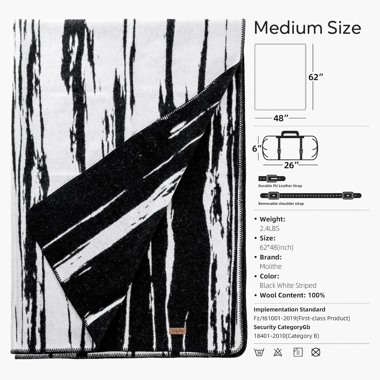 100% Wool Blanket, 48" x 62", Warm, Thick, Washable, Military Wool Blanket, Great for Camping, Outdoors, Sporting Events, Survival Kits,Black White Striped