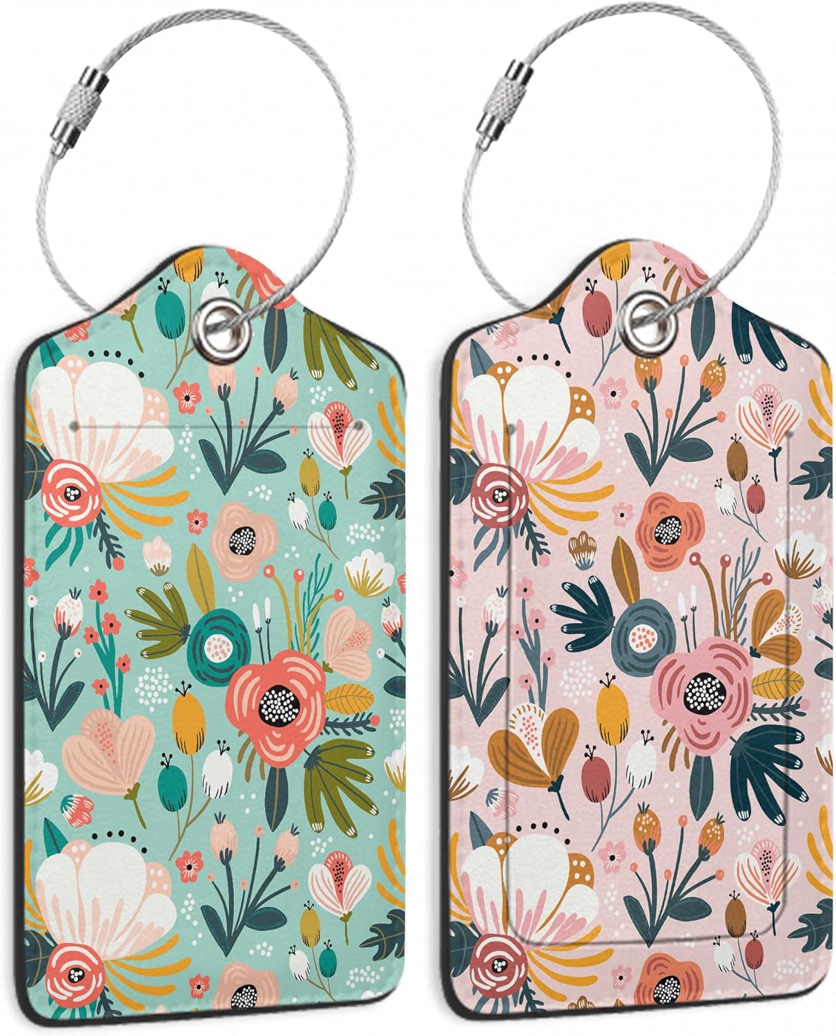 2 Pack Leather Luggage Tag for Suitcase Spring Flowers Leaves Berries Unique Travel Tags with Privacy Cover ID Label & Stainless Steel Loop for Men and Women Baggage