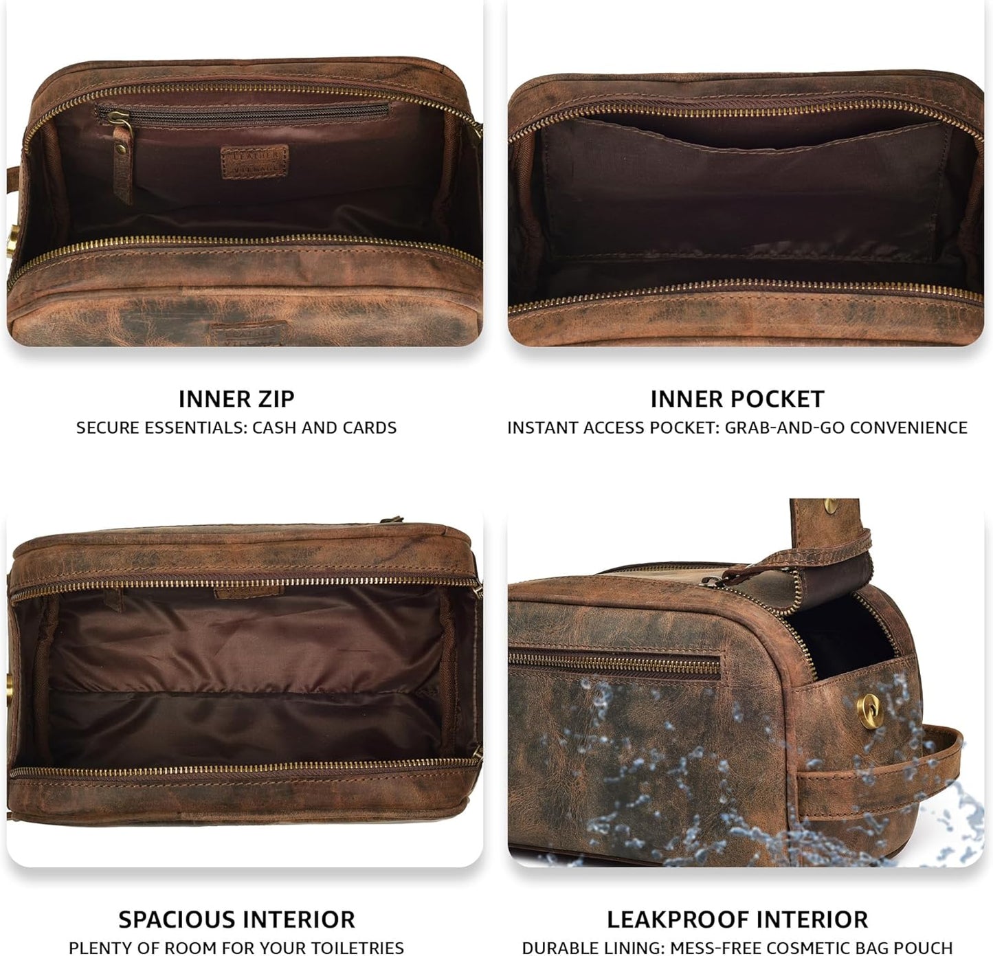 LEATHER VILLAGE Premium Leather Toiletry Travel Pouch With Waterproof Lining - Brown | King-Size Handcrafted Vintage Dopp Kit Bag
