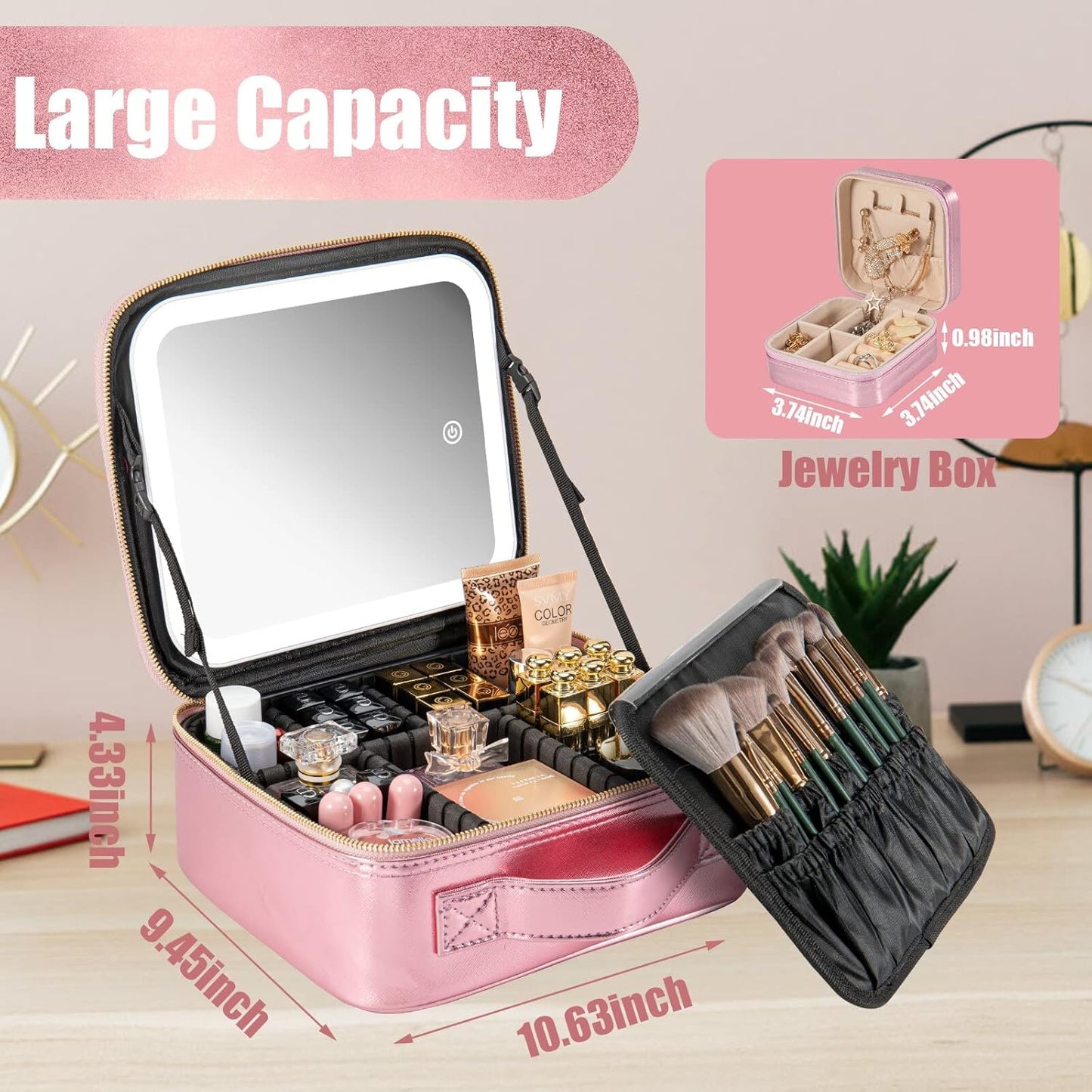 Makeup Travel Train Case with Mirror LED Light 3 Adjustable Brightness Large Cosmetic Bag Portable Storage Adjustable Partition Waterproof Makeup Brushes Make up Jewelry Gift for Women