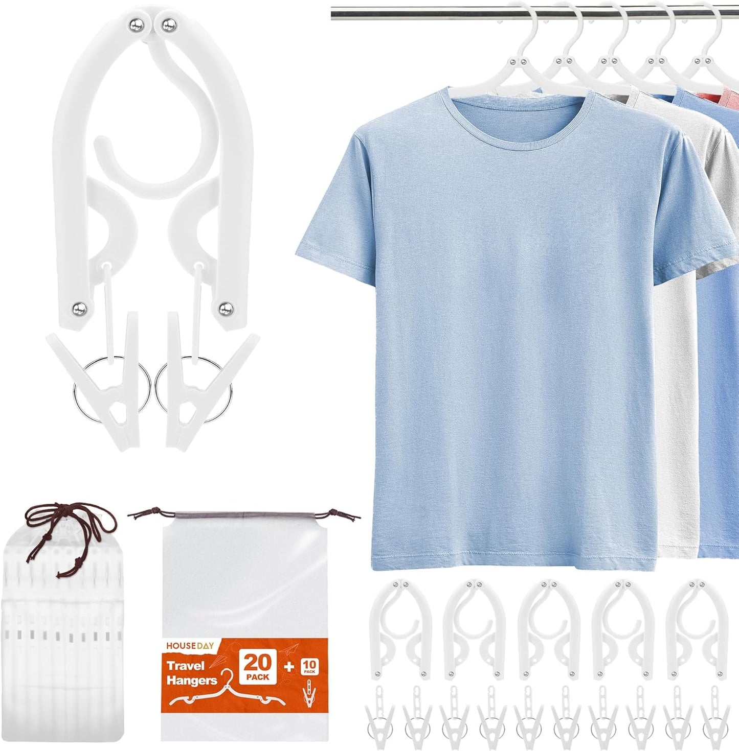 HOUSE DAY Foldable Travel Hangers 20 Pack w/10 Clips, Cruise Essentials 2025, Portable Hangers Collapsible Hanger Plastic, Travel Must Haves for Suitcase, Hotel, RV, Road Trip, Flying, Camping-White