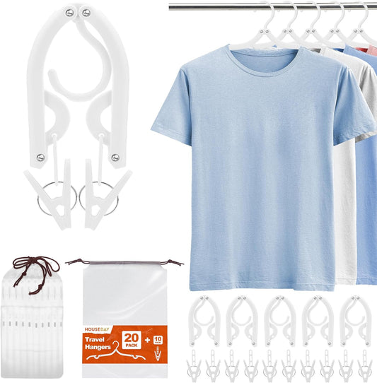 HOUSE DAY Foldable Travel Hangers 20 Pack w/10 Clips, Cruise Essentials 2025, Portable Hangers Collapsible Hanger Plastic, Travel Must Haves for Suitcase, Hotel, RV, Road Trip, Flying, Camping-White